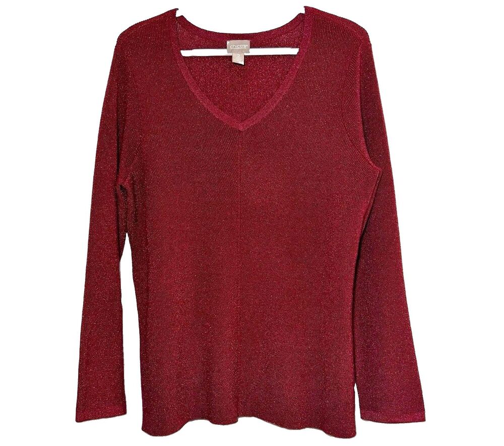 Chico’s Size 2 Large Burgundy Metallic Shimmer V-Neck Knit Sweater Holida